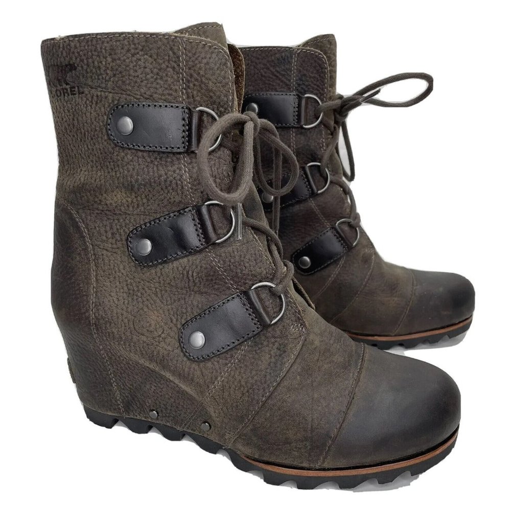 SOREL Joan Of Arctic Wedge Boot 8 Dark Brown Nubuck Mid Leather Boot NL 1987-028